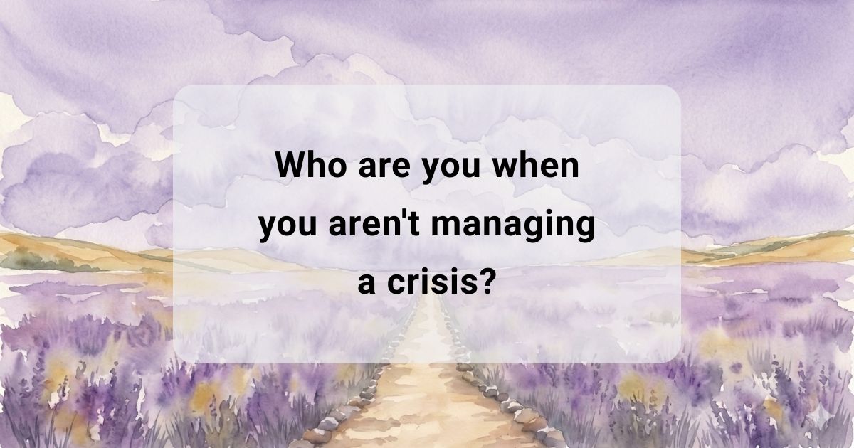 Flat lavender and yellow watercolor artwork with dark horizontal band featuring text about identity outside of crisis management.