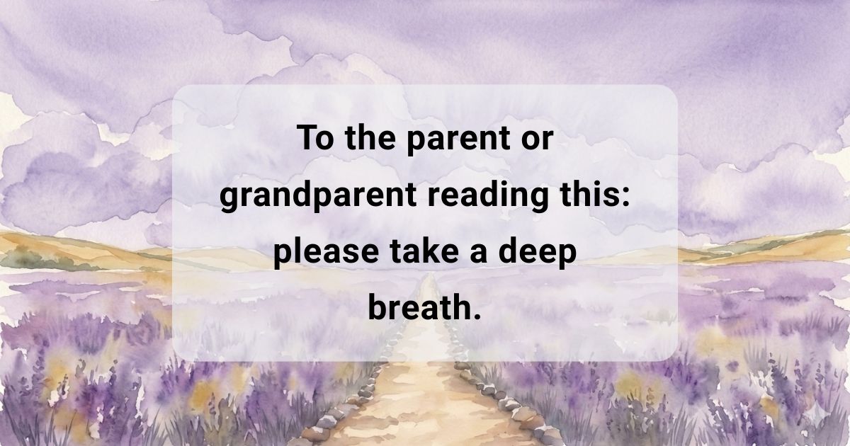 Flat watercolor artwork of a path leading through fields under purple skies, featuring text about becoming a full-time caregiver later in life