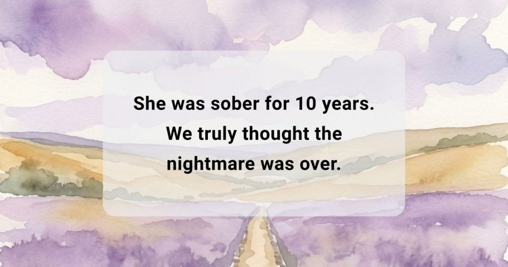 Purple and yellow watercolour background graphic with text about recovery being a winding road.