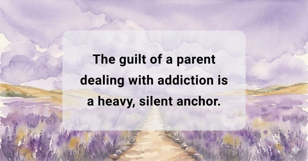 Text about releasing parental guilt centered over a soft watercolor wash background.