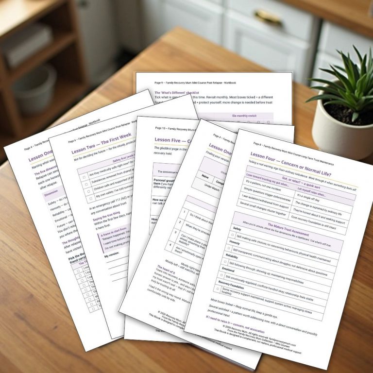 Printed workbook pages from the Long-Term Trust Maintenance course fanned out on a wooden table beside a small potted plant
