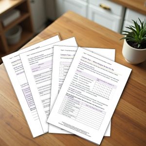 Four printed workbook pages from the Post-Relapse Trust course fanned out on a wooden table beside a small potted plant
