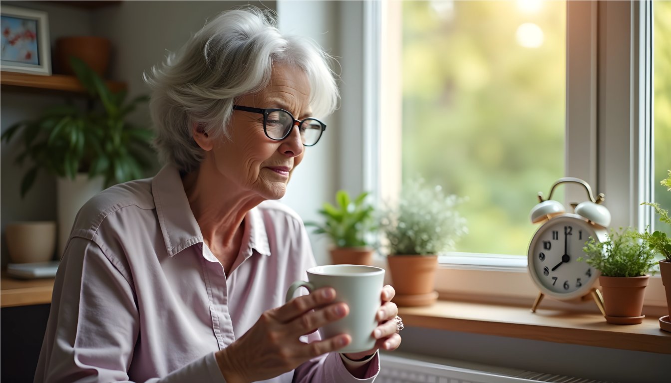 A worried mother at her kitchen table watching the clock