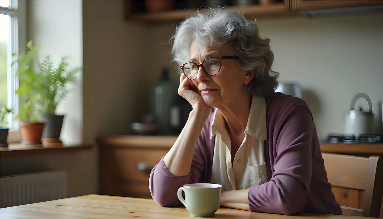A worried older woman sitting alone at her kitchen table