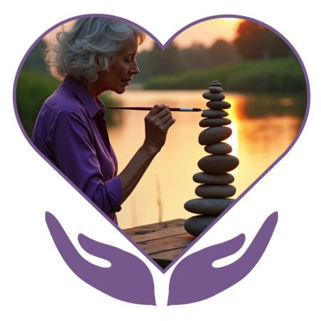 One hand of an older woman gently holding a brush tending to a stack of grey stones, on a wooden table with the sun setting over a lake.