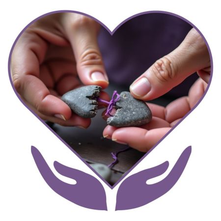 Two hands gently holding a grey stone heart broken in two and bound back together at the break with a sprig of purple