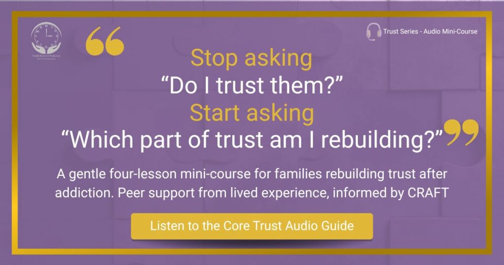 Quote graphic on purple background: "Stop asking do I trust them, start asking which part of trust am I rebuilding." Core Trust audio mini-course, Family Recovery Mum.