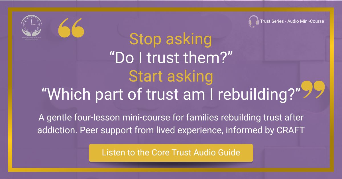Quote graphic on purple background: "Stop asking do I trust them, start asking which part of trust am I rebuilding." Core Trust audio mini-course, Family Recovery Mum.