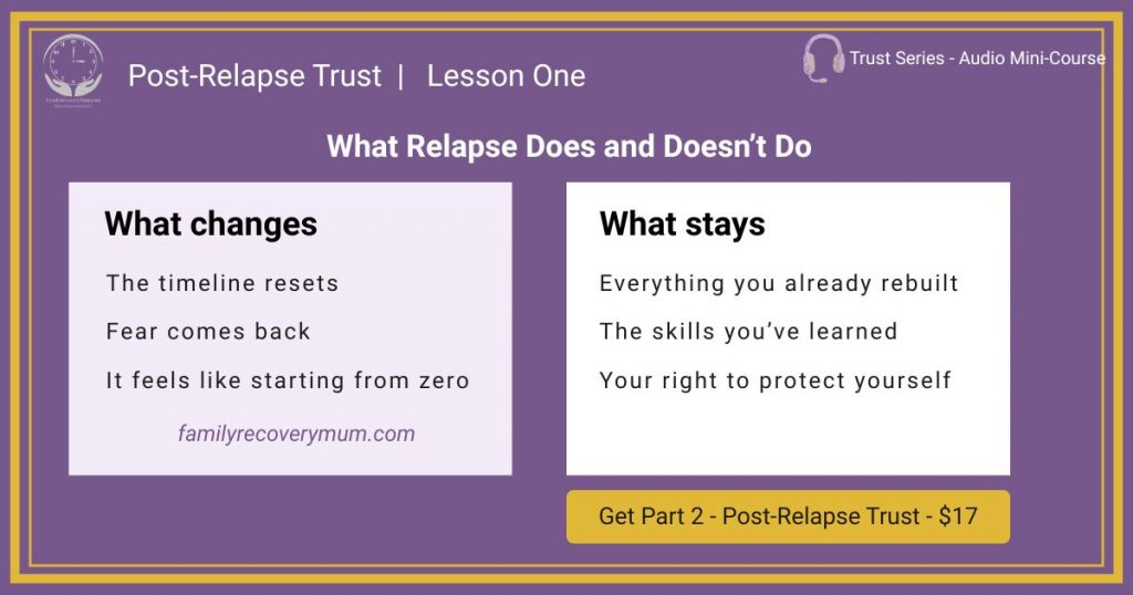 Graphic on a purple background explaining what changes and what stays for families in addiction recovery