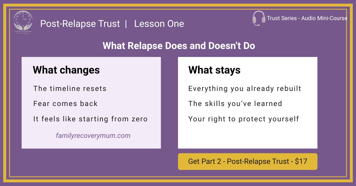 Graphic on a purple background explaining what changes and what stays for families in addiction recovery