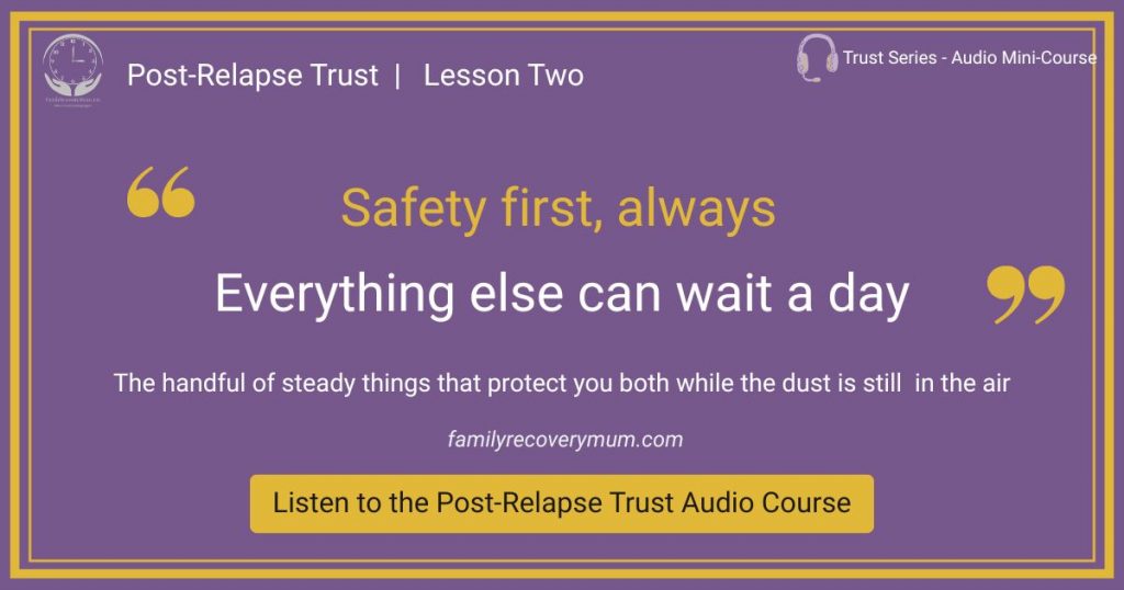 Quote graphic discussing that safety first is taken and everything else can wait a day for families in addiction recovery
