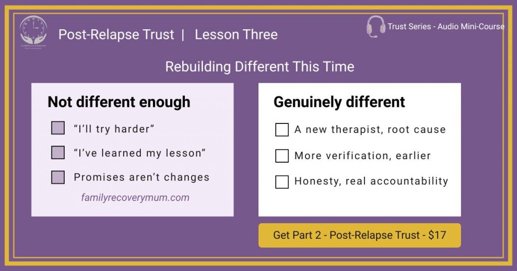 Graohic on purple background about trust being rebuilt after relapse for families in addiction recovery