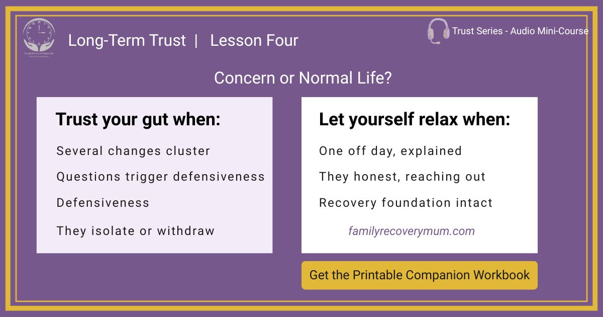 Graphic on purple background explaining trust and trusting your gut for families suffering addiction