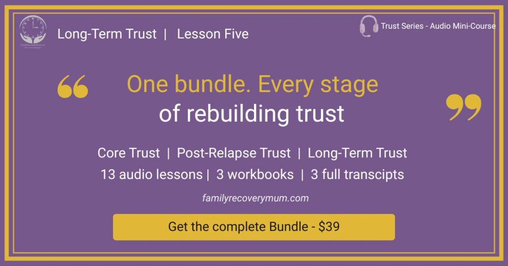 Graphic with purple background showing the 3 parts of the Trust Series Audio Course - Core Trust, Post-Relapse Trust & Long-Term-Trust