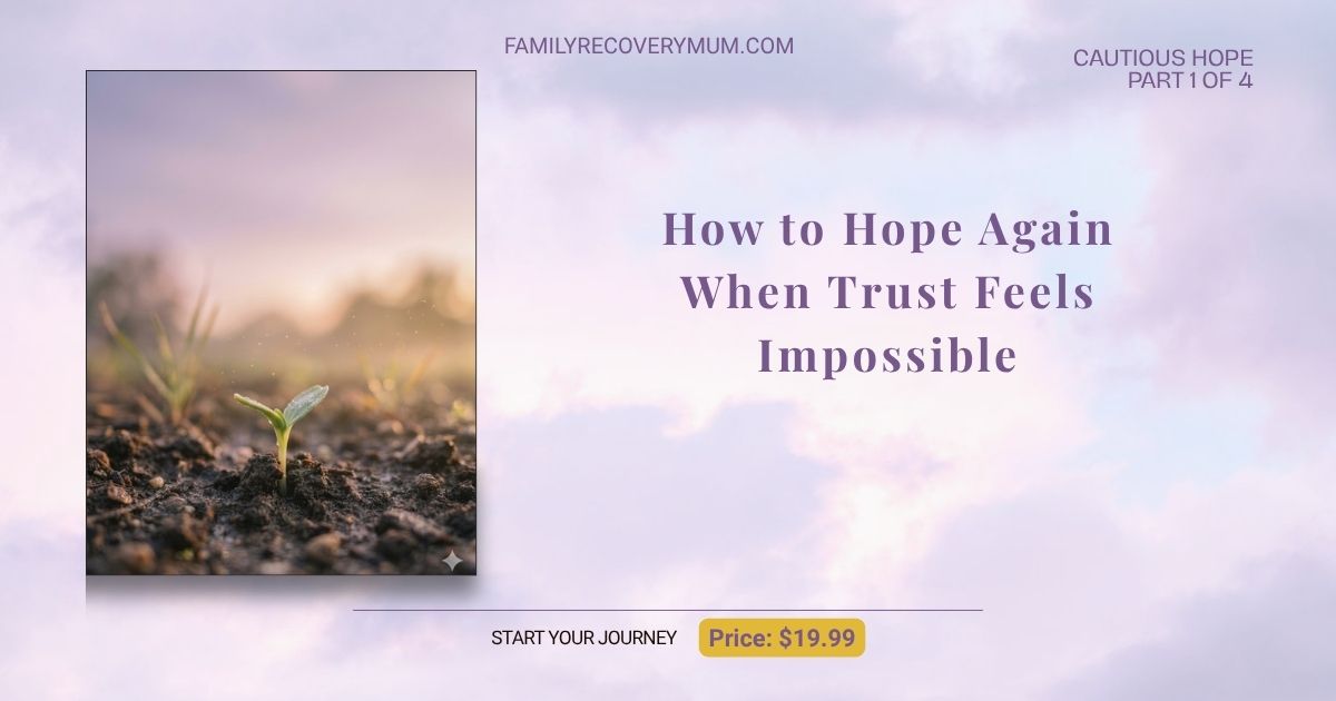 Photo of sunrise over soil with a small seedling breaking through, symbolizing cautious hope in family recovery.